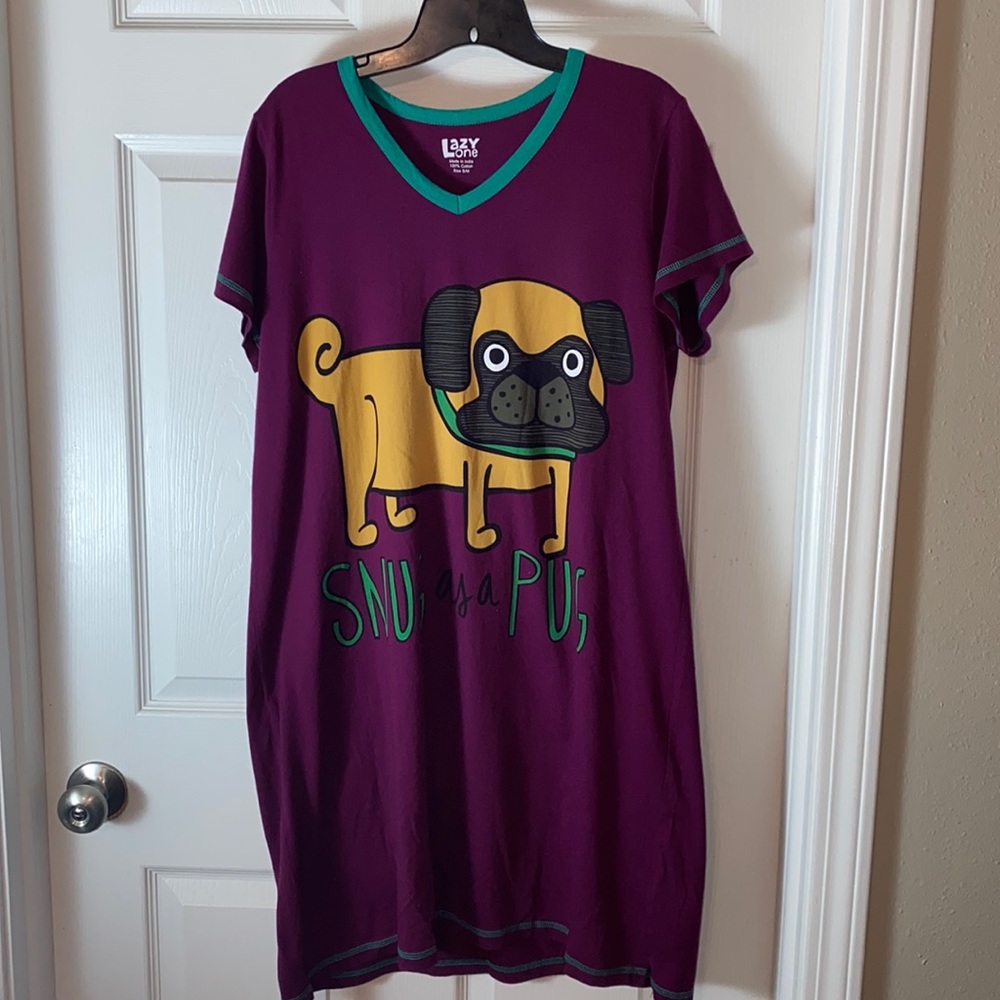 Lazy One Snug as a Pug V Neck NightShirt Sleep Shirt Plum Teal Size S/M